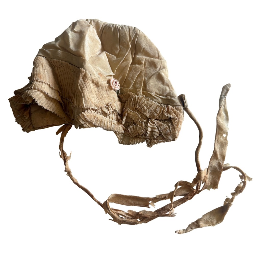 Antique Silk Boudoir Cap Ribbonwork Rose Bed Bonnet Flapper OS Tan 1910s 20s
